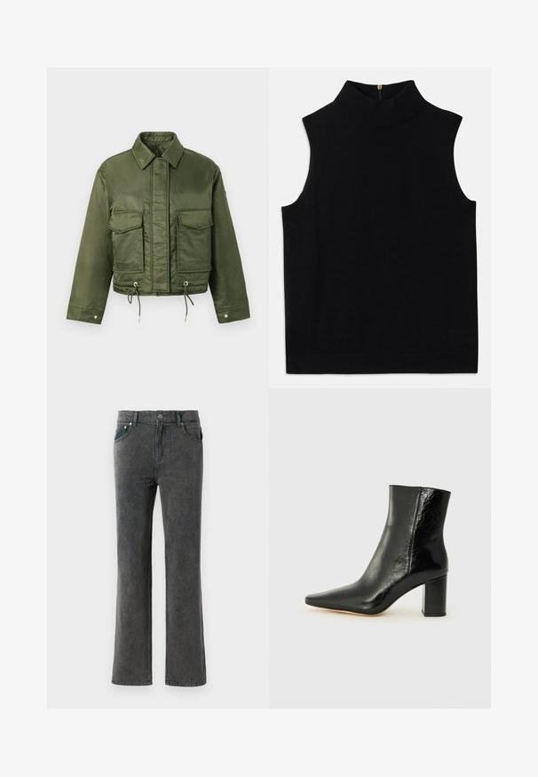 Oliiviroheline lühike jakk, mis on valmistatud siledast ja läikivast kangast. Omab kahte rinna taskut, nööriga alumist serva ja klassikalist kraed.; Mustast ilma varrukat turtleneck topist, mis on valmistatud pehmest materjalist, kõrge kraega ja seljas tõmbekindla lukuga. Lihtne disain, ilma mustrite või aktsentideta.; Hallid hall denim flööbid teksad, millel on kulunud pesu, viis taskut, vöökohad ja üks nupulukustus. Pehme tekstuur ja sirge jala disain.; Mustad muste saapad, mis on valmistatud läikivast nahast, terava koonuse ja tugeva ruudukujulise kandiga. Omab sileda tekstuuri ja minimalismi kujundust.