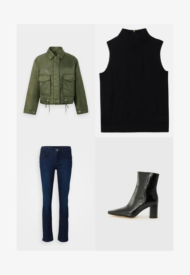 Olīvu zaļš īsais žakets, kas izgatavots no gludas, spīdīgas auduma. Satur divas krūšu kabatas, savelkamu apakšmali un klasisku apkakli.; Melna bezpiedurkņu topa ar augstu apkakli, izgatavota no mīksta materiāla, ar aizmugurējo rāvējslēdzēja aizdari. Vienkāršs dizains bez rakstiem vai akcentiem.; Navy zila džinsu bikses ar taisno kāju dizainu, ar priekšējiem un aizmugurējiem kabatām, pogu aizdari un gludu tekstūru.; Melna potīte, izgatavota no mirdzošas ādas, ar norādītu purngalu un masīlu kvadrāta papēdi. Iezīmes ir gluda tekstūra un minimālisma dizains.