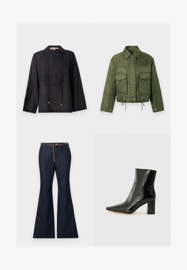 Olivenfarvet cropped jakke lavet af glat, blankt stof. Har to brystlommer, snørrelukning i kanten og klassisk krave.; Sort langærmet skjorte lavet af letvægtsstof, med krave, V-udskæring foran og to snore med guldfarvede detaljer.; Mørke denim flared jeans med høj talje, prydet med et guld kædebælte og kontrastsy/hjørn/stik langs sømmene.; Sorte ankelstøvler lavet af blank læder med spidse tæer og en kraftig, kvadratisk hæl. Har en glat overflade og minimalistisk design.