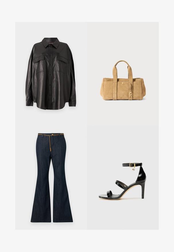 Olivově zelená zkrácená bunda vyrobená z hladkého, lesklého materiálu. Má dvě náprsní kapsy, stahovací lem a klasický límec.; Černá kožená košile s knoflíkovou přední částí, špičatým límcem a dvěma náprsními kapsami. Vyznačuje se volným střihem a hladkou texturou.; Tmavé džíny s rozšířenými nohavicemi a vysokým pasem, zdobené zlatým řetízkem a kontrastním prošíváním podél švů.; Černé lakované kožené sandály se třemi pásky, sponou na kotníku a 10 cm jehlovým podpatkem. Obsahují zlaté kovové detaily a logo přívěsek.; Tyrkysová semišová taška tote s dvěma horními uchy, obsahující přední kapsu, zlaté kovové detaily a měkkou, texturovanou povrchovou úpravu.