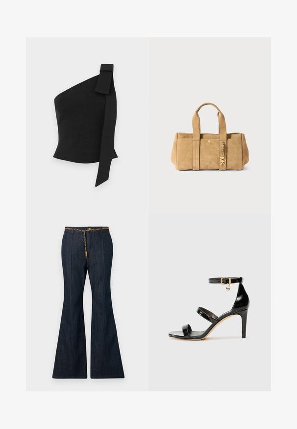 Olivově zelená zkrácená bunda vyrobená z hladkého, lesklého materiálu. Má dvě náprsní kapsy, stahovací lem a klasický límec.; Asymetrický černý top vyrobený z texturované tkaniny; má mašlový detail na levém rameni a přiléhavý střih.; Černá kožená košile s knoflíkovou přední částí, špičatým límcem a dvěma náprsními kapsami. Vyznačuje se volným střihem a hladkou texturou.; Tmavé džíny s rozšířenými nohavicemi a vysokým pasem, zdobené zlatým řetízkem a kontrastním prošíváním podél švů.; Černé lakované kožené sandály se třemi pásky, sponou na kotníku a 10 cm jehlovým podpatkem. Obsahují zlaté kovové detaily a logo přívěsek.; Tyrkysová semišová taška tote s dvěma horními uchy, obsahující přední kapsu, zlaté kovové detaily a měkkou, texturovanou povrchovou úpravu.