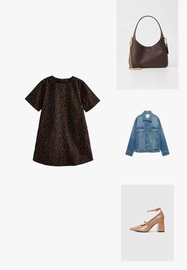 Veste en denim bleu clair avec un col, fermeture par boutons, deux poches poitrine et poches latérales ; présente une coupe classique et des détails de couture visibles.; Robe à imprimé léopard en marron et noir. Manches courtes, encolure ronde, coupe décontractée, longueur genou, en coton avec une texture douce.; Chaussures à talons hauts en cuir verni beige avec un bout pointu, une bride de cheville et un talon carré épais. Texture lisse avec une finition brillante.; COACH BROOKLYN SHOULDER BAG 23 - Sac à main - maple