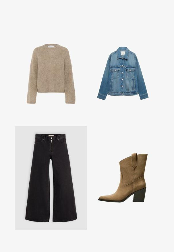 Lichtblauwe denim jas met een kraag, knoopsluiting, twee borstzakken en zijzakken; heeft een klassieke pasvorm en zichtbare stikseldetails.; Bruine, fuzzy trui gemaakt van zacht materiaal, met een ronde halslijn en lange mouwen. Eenvoudig, cropped ontwerp zonder zichtbare patronen of accenten.; Wijdvallende jeans van zwarte denim met een ritssluiting aan de voorkant, vijf zakken en subtiele stikdetails. Soepele textuur en casual stijl.; Bruine suède cowboylaarzen met een puntenneus, voorzien van een middelhoog blokhak en eenvoudige stiksel langs de zijnaad.