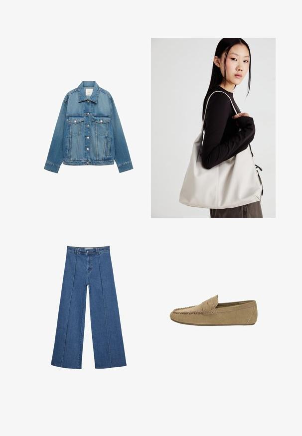 Svijetloplava traper jakna s ovratnikom, zatvaranjem na gumbe, dva džepa na prsima i bočnim džepovima; ima klasičan kroj i vidljive šavove.; Smeđi kratki rukav majica od mekog materijala, s okruglim izrezom i opuštenim krojem. Nema vidljivih uzoraka ili naglasaka.; Široke traperice u srednje plavoj boji, s visokim strukom, zatvaranjem na dugme i kontrastnim vertikalnim šavovima duž prednje strane.; Svijetlosmeđi sued muški loafer s šavnim mokasin vrhom i penny trakama, ravni gumeni potplat, bočni profil na bijeloj pozadini.; Bežna torba od mekog materijala s opuštenim dizajnom, šivanim detaljima i dva remena za rame. Pogodna za svakodnevnu upotrebu.