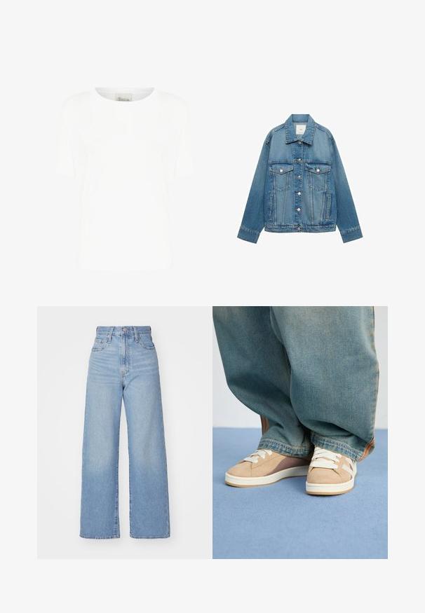 Jasnoniebieska dżinsowa kurtka z kołnierzykiem, zapięciem na guziki, dwiema kieszeniami na piersi i kieszeniami bocznymi; charakteryzuje się klasycznym krojem oraz widocznymi detalami szwów.; Biała koszulka z krótkim rękawem, wykonana z miękkiej bawełny, z okrągłym dekoltem i luźnym krojem, bez widocznych wzorów lub akcentów.; Jasnoniebieskie jeansy z wysokim stanem i szerokimi nogawkami, z zapięciem na guziki i zamek z przodu, przednie i tylne kieszenie, na białym tle.; Beżowe sneakersy z zamszowymi i materiałowymi elementami, z białymi sznurówkami, jasnobrązowymi akcentami i teksturowaną podeszwą. Noszone z luźnymi niebieskimi dżinsami.
