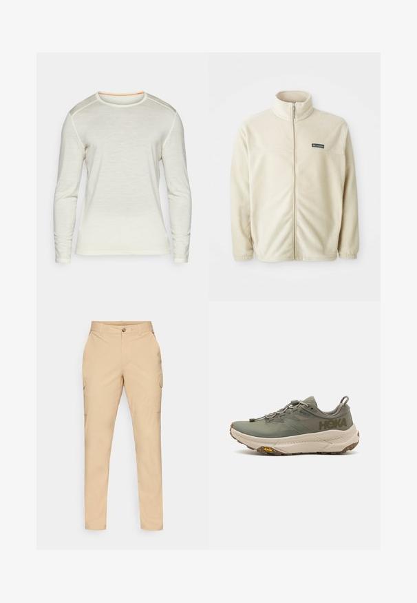 Bežs vilnas jaka ar augstu apkakli un pilnu rāvējslēdzēju. Iedobēs melna loga uzplecs uz krūšu daļas, kā arī elastīgi aproces un apakša. Mīksta tekstūra.; Krems krāsas garām piedurknēm krekls ar apaļu kakla izgriezumu un oranžiem šuvumiem, kā arī gludu tekstūru. Vienkāršs dizains bez papildu rakstiem.; Beige kravas bikses ar pogu aizdari, šauru piegriezumu, sānu kabatām un gludu kokvilnas maisījuma audumu. Nav pamanāmu rakstu vai akcentu.; Zaļas Hoka skriešanas kurpes ar Gore-Tex augšdaļu, strukturētām akcentiem, elastīgām šņorēm un biezu bēša krāsas zoli ar Vibram logo.