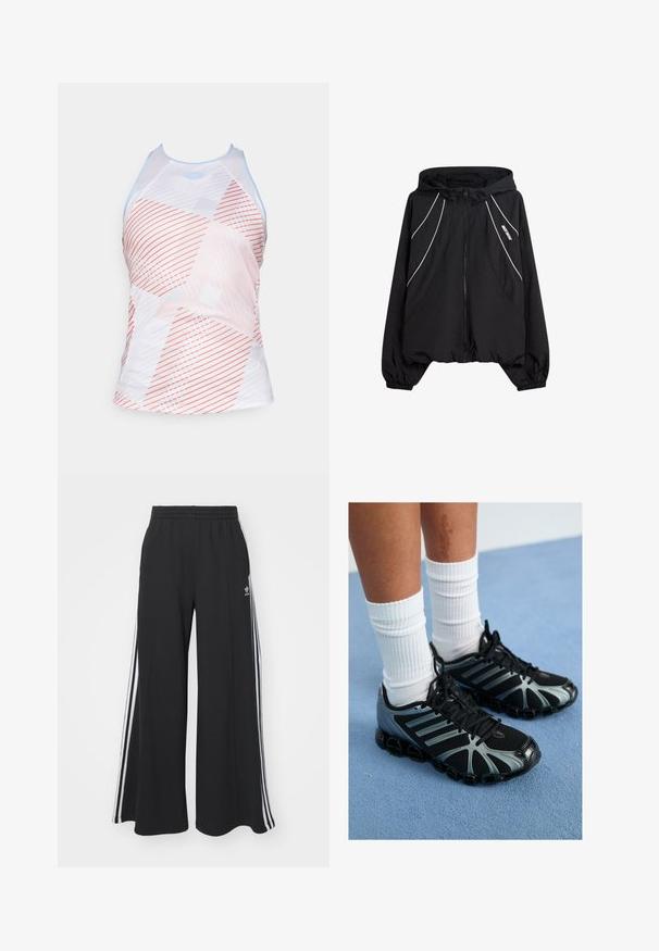 Black zip-up jacket with a hood, featuring white contrasting stitching, elastic cuffs, and a loose fit. Made from lightweight material.; White athletic tank top with a geometric pattern in coral, gray, and light blue. Features a high neckline and sporty cut.; Black wide-leg sweatpants with an elastic waistband, featuring white side stripes and an embroidered logo on the left thigh.; Black athletic shoes with gray accents and mesh panels, featuring a textured sole and black laces, paired with white ribbed socks.