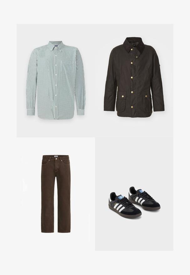 Bruine gewaxte jas met een ribfluwelen kraag, gouden knopen, twee voorkiezen en een casual pasvorm. Soepele textuur met een licht glanzende afwerking.; Gestreepte button-up blouse in lichtgroene en witte stof, met een kraag, lange mouwen en één borstzak. Verticale streeppatroon.; Bruine denim jeans met een recht gesneden pasvorm, vijf zakkenontwerp en metalen details. Voorzien van een knoopsluiting en een merklabel op de tailleband.; Zwarte sneakers met een bovenwerk van suède en synthetisch materiaal, voorzien van drie witte strepen, een gestructureerde rubberen zool en een blauw logo-label op de tong.