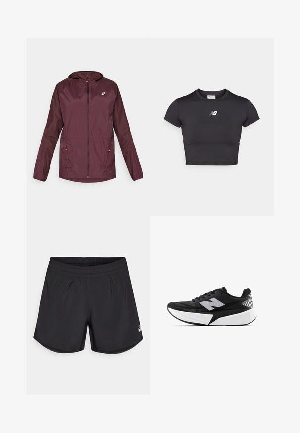 ASICS ROAD PACKABLE JACKET - Windjack - dark currant; Zwarte, cropped sportt-shirt met korte mouwen, gemaakt van rekbare stof. Heeft een wit logo aan de voorkant, een ronde halslijn en een getailleerd ontwerp.; Zwarte sportshorts met een elastische tailleband, een gladde textuur en subtiele zijsplitten. Bevat een klein wit logo aan de onderzijde rechts.; Zwart-witte New Balance hardloopschoen met een dikke zool, bovenwerk van mesh en het "N"-logo aan de zijkant, bekeken vanaf de buitenzijde.