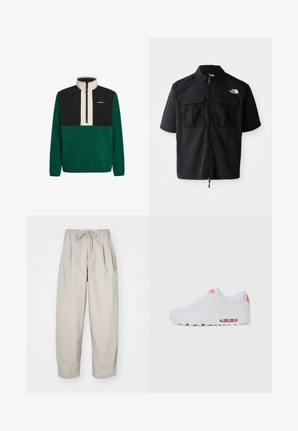 Korte mouwen zwarte shirt met een rits aan de voorkant, twee mesh borstzakken en een logo aan de linkerkant. Gemaakt van lichtgewicht, gestructureerde stof.; Groene en zwarte fleece trui met hoge kraag, half-rits aan de voorkant en logo. Kenmerkt zich door effen kleuren en een zachte textuur overal.; Beige, lichte broek met een elastische tailleband en trekkoord. Beschikt over plooien en een losse pasvorm, gemaakt van een zachte, gladde stof.; Witte sportieve sneaker met een gladde bovenkant, vetersluiting, gevoerde zool en een zichtbare luchtunit met rode accenten op de branding.