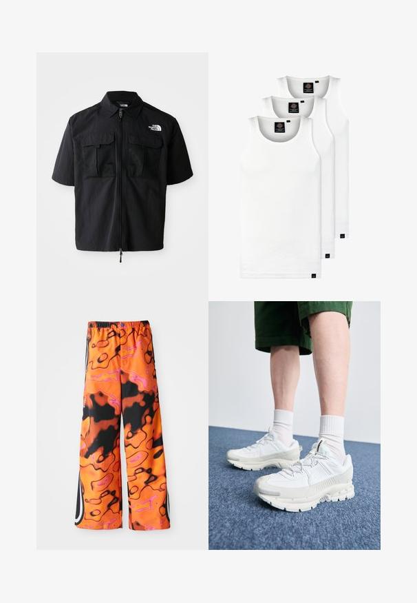 Īsa piedurkne melna krekls ar priekšējo rāvējspraudni, divām sietu krūšu kabatām un logotipu kreisajā pusē. Izgatavots no viegla, teksturēta auduma.; Trīs baltas ribotas krūšturi, kas izgatavoti no kokvilnas. Iezīmēti ar apaļu kakla izgriezumu un maziem melniem etiķetēm tuvu apakšmalai. Pieejami vairākos izmēros.; Brīvi pieguļoši bikses ar dzīvīgu oranžu, melnu un rozā abstraktu viltu rakstu, elastīgu vidukļa joslu, sānu svītrām un pogu aizdari.; Baltas sporta apavi ar teksturētām detaļām, masīvu zoli un pelēkiem akcentiem. Valkāti ar baltiem zeķu pēdu apģērbiem un zaļām šortiem uz zilas virsmas.