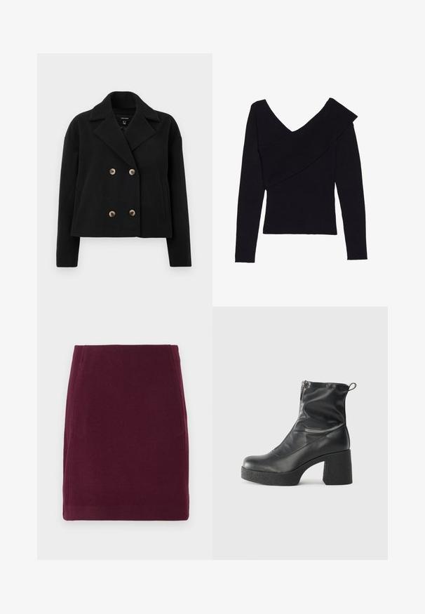 Czarny podwójnie zapinany żakiet wykonany z wełny, z dużymi beżowymi guzikami, klapami i bocznymi kieszeniami w skróconym fasonie.; Even&Odd - Sweter; Vero Moda VMFORTUNALLISON bordowy; Czarne botki za kostkę wykonane z gładkiej skóry, wyposażone w boczny zamek błyskawiczny, masywny teksturowany obcas oraz zaokrąglony czubek.