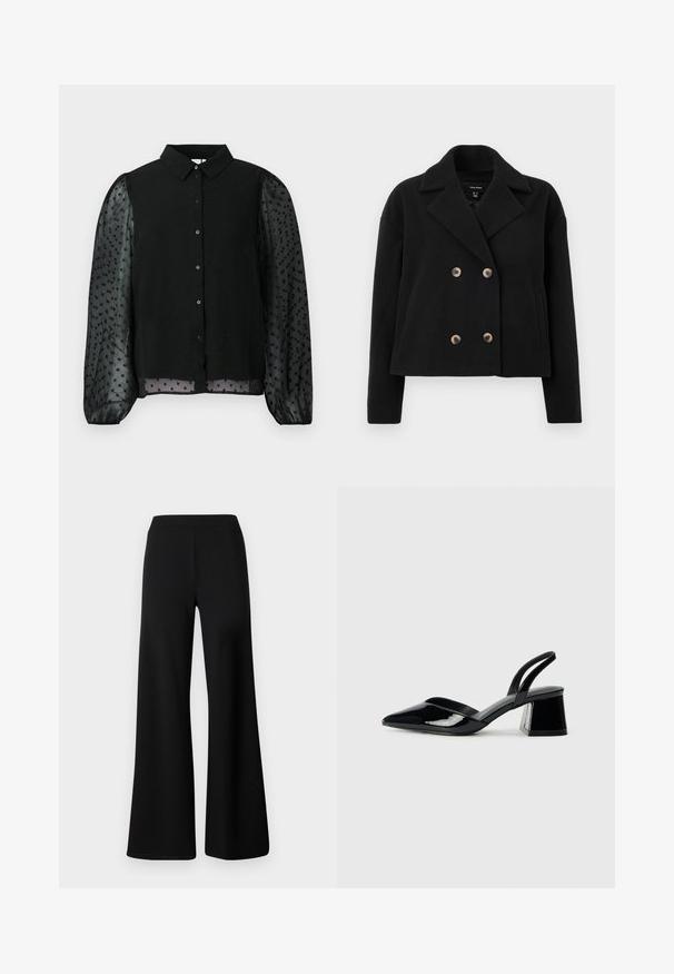 Casaco preto de dois botões, feito de uma mistura de lã, com grandes botões bege, colarinho com um corte em bico e bolsos laterais, com um design encurtado.; Blusa preta com corpete liso adornado com pontos texturizados e mangas bufantes transparentes. Fecho por botão na frente, design de gola redonda e mangas com bainha.; Calças largas pretas feitas de um tecido macio e elástico. Apresentam uma cintura elástica suave e um design limpo, sem adornos.; Sandy em verniz preto com salto slingback, ponta afilada e salto geométrico. Apresenta um design elegante e minimalista com textura suave.