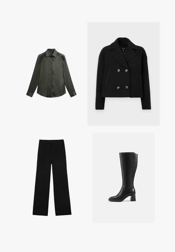 Sort dobbeltbrystet jakke lavet af uldblanding, med store beige knapper, en udskåret krave og sidelommer med et cropped design.; Mørkegrøn satin skjorte med krave, lange ærmer og knaplukning foran; har en glat, blank overflade.; Sorte vidde bukser lavet af glat stof, med en frontknaplukning og to plissee for ekstra detaljer. Skræddersyet design i det hele taget.; Sort læderknæhøj støvle med firkantet blokhæl. Glat struktur, tætsiddende design, minimal syning og afrundet tå.