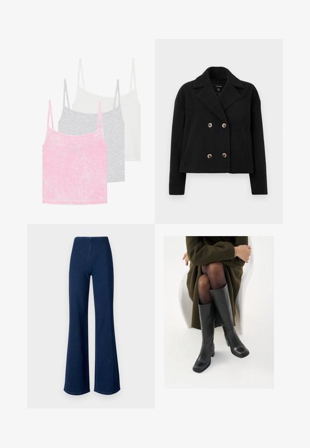Svart dobbeltradet jakke laget av en blanding av ull, med store beige knapper, utsvinget krage og sidelommer, med et kort design.; Sett med tre topper i rosa, grått og hvitt. Laget av ribbestrikket stoff med tynne stropper. Hver topp har en rund halslinning.; Mørkeblå svingbukser laget av denim med elastisk midje. Har en glatt tekstur og bred ben-design som strekker seg til kanten.; Knæhøye sorte lærstøvler med firkantet tå og blokkhelt, vist med en modell som sitter iført en olivengrønn kåpe. Glatt tekstur, minimal detaljering.