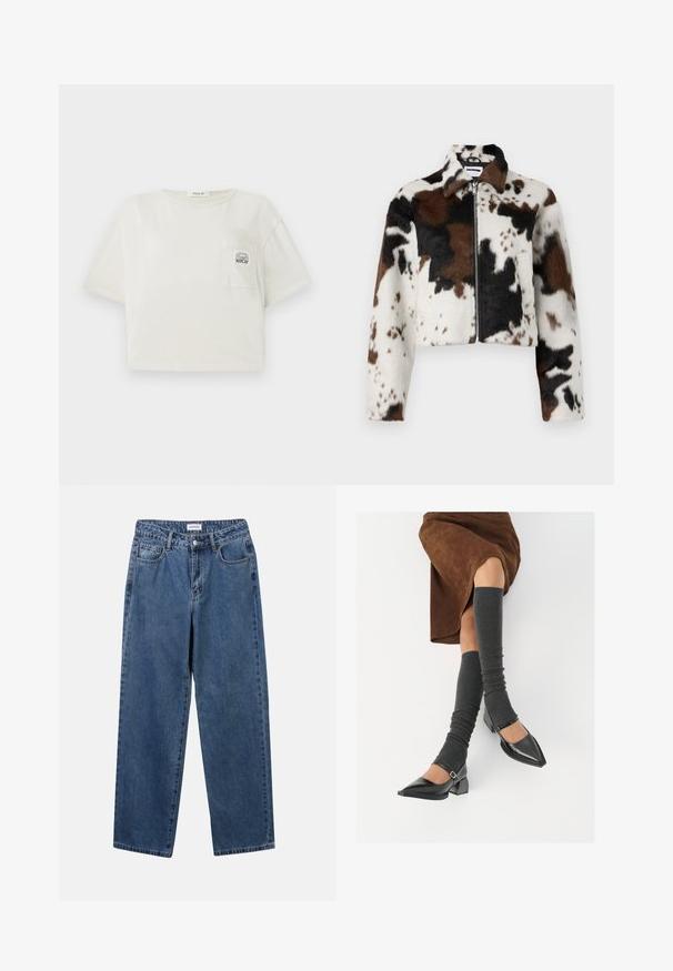 Korst jakke laget av myk stoff med et ku-mønster i hvit, brun og svart, med glidelås foran og krage.; Kuttet kortermet t-skjorte i off-white bomull. Har en frontlomme med trykt logo og en rund halslinning. Glatt tekstur.; Klassiske blå denimjeans med rett ben-design, fem lommer og knappelukking. Har en middels vask og solid tekstur.; Sorte lakkpumps med spiss tå, blokkhel, og ankelstropp, kombinert med grå ribbestrikkede beinvarmere og et brunt semsket skinn skjørt.