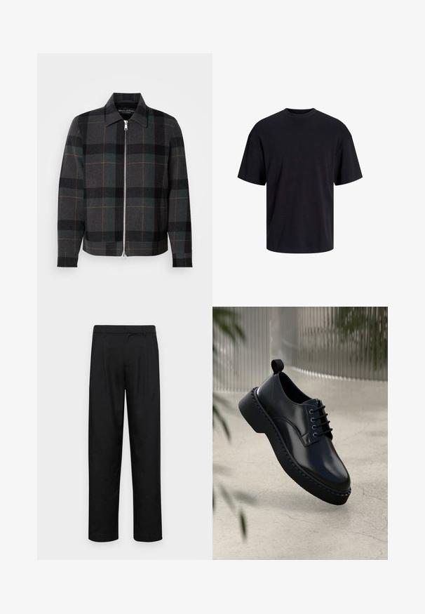 Harmaa ruudullinen takki villasekoitekankaasta. Sisältää vetoketjukiinnityksen, kauluksen, pitkät hihat ja vastaavan keltaisen ja vihreän ruutukuvion.; Musta puuvillapaita, jossa on pyöreä kaula-aukko, lyhyet hihat ja rento muotoilu. Yksinkertainen ja sileä pinta, ilman näkyviä kuvioita tai koristeita.; Mustat housut, jotka on valmistettu sileästä kankaasta, suoran lahkeen muotoilulla, kahdella etupleekillä ja tavanomaisella vyötäröllä, jossa on vyölenkit.; Musta nahkasaapas, jossa on pyöristetty kärki, nauhakiinnitys ja paksu kumipohja, jossa on teksturoitu reuna. Tyylikäs viimeistely ja minimaalinen metalliosuus.