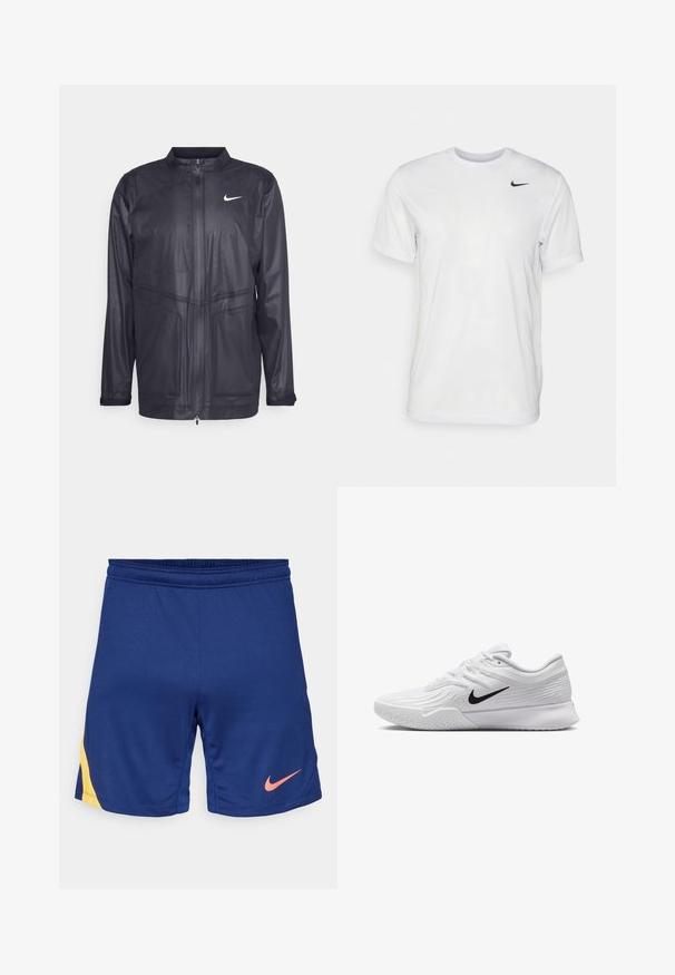 Svart Nike-jacka med ståkrage, blixtlås och textilier med subtila paneldetaljer. Inkluderar en liten vit logotyp på bröstet.; Vit t-shirt med kort ärm i mjukt tyg. Har en rund hals och en liten svart Nike-logotyp på vänster bröst.; Mörkblå idrottsshorts med gula sidodetaljer och rosa Nike-swoosh-logotyp på högra benet, elastisk midja.; Vit träningsskor med strukturerad mesh-överkonstruktion, svart Nike-swoosh, vadderad krage och gummiyttersula med mönster.