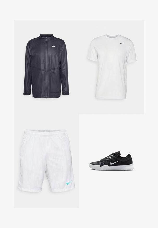 Veste Nike noire avec col montant, fermeture éclair et tissu texturé avec des détails de panneaux subtils. Comprend un petit logo blanc sur la poitrine.; T-shirt blanc à manches courtes en tissu lisse. Il présente un col rond et un petit logo Nike noir sur la poitrine gauche.; Shorts de sport blancs avec un motif texturé, taille élastique, poches latérales et un logo Nike turquoise en bas à droite.; Chaussure de sport noire avec une tige texturée, un swoosh blanc de Nike et une semelle extérieure en caoutchouc blanc. Elle présente un design à lacets et une forme dynamique.