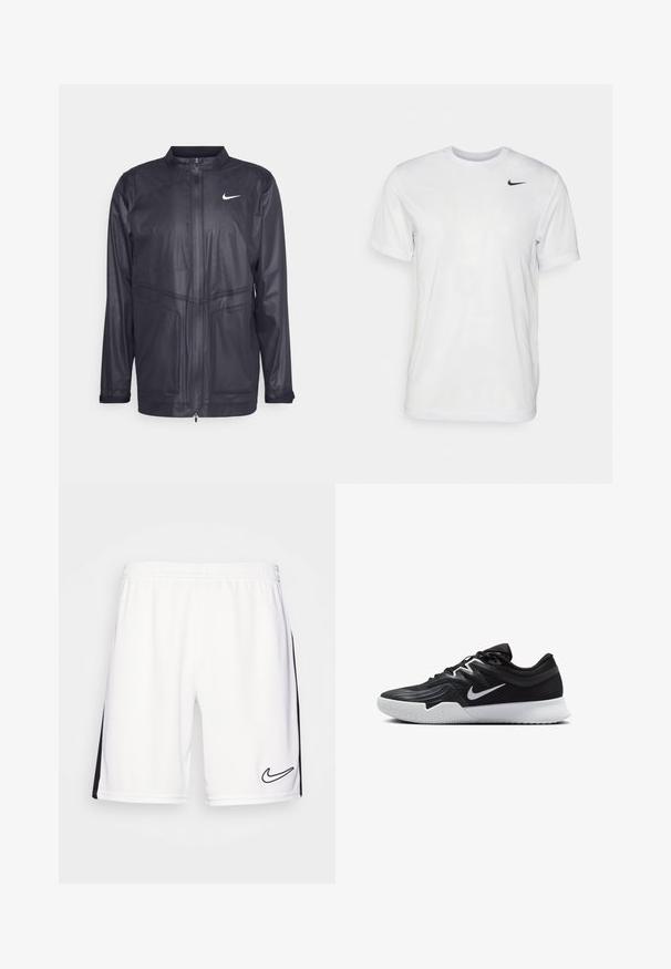 Black Nike jacket featuring a stand collar, zipper closure, and textured fabric with subtle panel detailing. Includes a small white logo on the chest.; White short-sleeve t-shirt made of smooth fabric. Features a round neck and a small black Nike logo on the left chest.; White Nike sports shorts with an elastic waistband; features black side stripes and a black embroidered logo on the lower right side.; Black athletic shoe with a textured upper, white Nike swoosh, and a white rubber outsole. Features a lace-up design and dynamic shape.