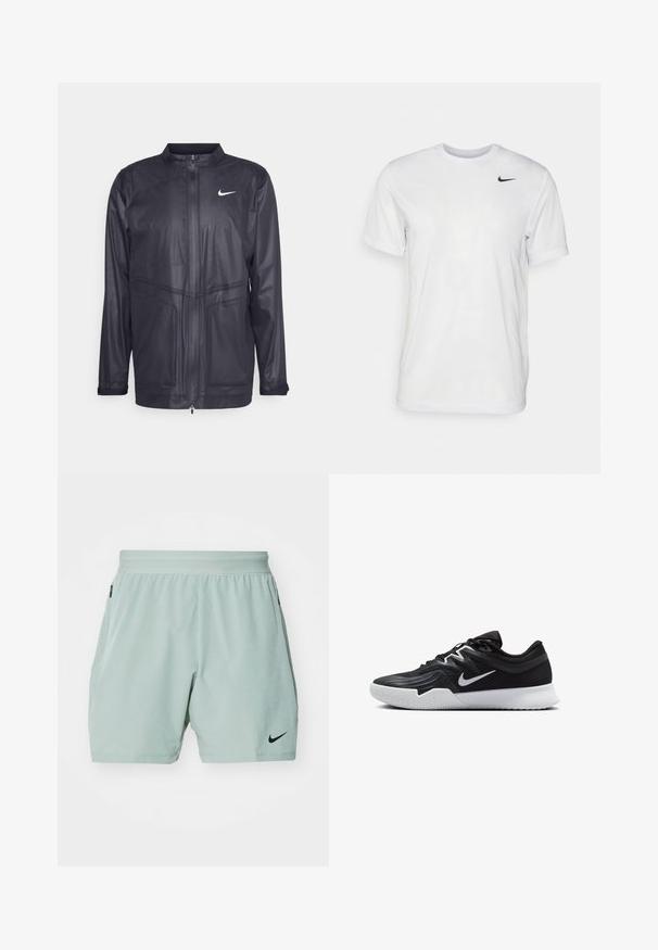 Jachetă Nike neagră cu guler înalt, închidere cu fermoar și material texturat cu detalii de panouri subtile. Include un mic logo alb pe piept.; Tricou alb cu mâneci scurte, realizat dintr-un material neted. Are guler rotund și un mic logo Nike negru pe partea stângă a pieptului.; Nike Performance FLEX REP 4.0 - Pantaloni scurți sport - jade horizon/black; Pantof sport negru cu un superior texturat, swoosh alb Nike și o tălpică din cauciuc alb. Dispune de un design cu șireturi și o formă dinamică.
