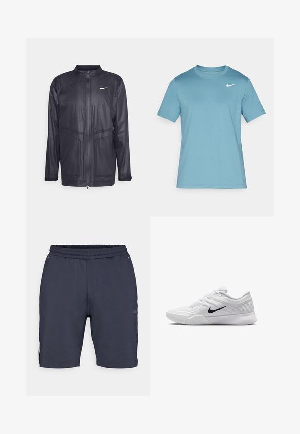Casaco preto da Nike com gola alta, fecho de zíper e tecido texturizado com detalhes em painéis discretos. Inclui um pequeno logotipo branco no peito.; T-shirt de manga curta azul claro, feito de um tecido suave. Apresenta uma gola arredondada e um pequeno logo da Nike em branco no lado superior esquerdo do peito.; BOSS HECON ACTIVE - Calções desportivos - dark blue; Sapatilha atlética branca com parte superior em malha texturizada, swoosh preto da Nike, colarinho almofadado e sola de borracha com um padrão de ranhura.