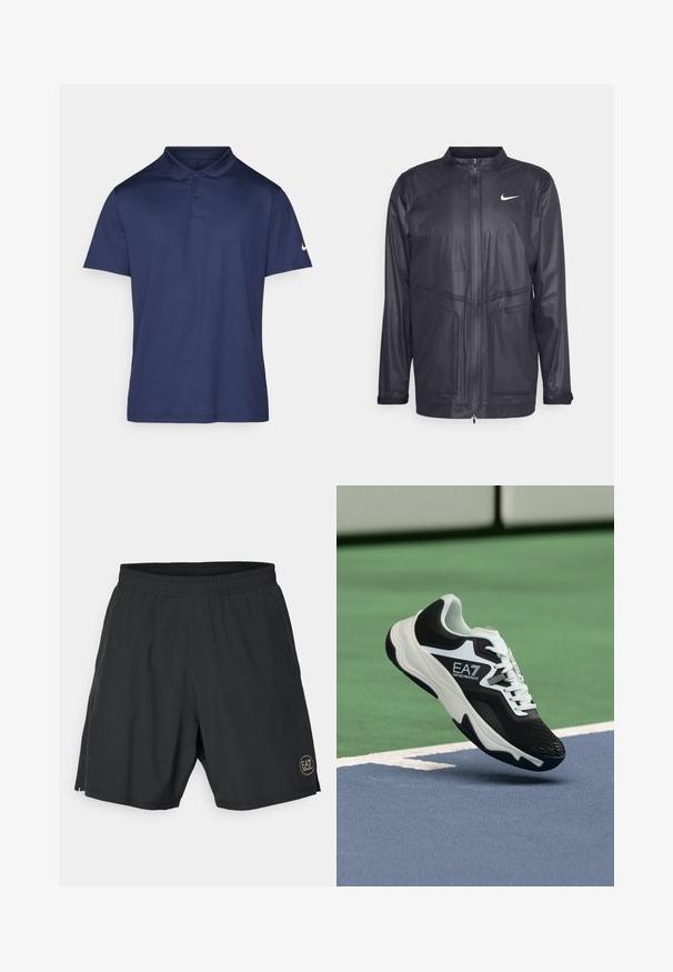 Casaco preto da Nike com gola alta, fecho de zíper e tecido texturizado com detalhes em painéis discretos. Inclui um pequeno logotipo branco no peito.; Polo azul-marinho feito de um tecido liso, com colarinho, tapeta de três botões e um pequeno logotipo branco na manga esquerda.; Calções atléticos pretos feitos de um tecido leve, com uma cintura elástica e um logótipo circular dourado na parte inferior direita.; Ténis EA7 Emporio Armani a preto e branco suspenso acima das linhas azuis e verdes de um tribunal de ténis.