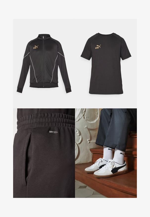 Melnā sporta jaka ar baltām apdare. Iezīmēta ar zipsa priekšpusi, augstu apkakli un zelta logo tekstu uz krūtīm. Materiāls ir gluds un elastīgs.; Melna īsām piedurknēm T-krekls, izgatavots no mīksta auduma. Tam ir zelta "KING" logo un zelta Puma logo kreisajā krūtīs.; Melnas sporta bikses no teksturēta auduma ar elastīgu jostu, sānu kabatām un "DRYCELL" etiķeti netālu no kabatas.; Puma kedas baltā un melnā zamšā, ar brūnu gumijas zoli. Pāris ar baltām zeķēm, kurās redzams melns logo, nēsātas ar tumšām biksēm.
