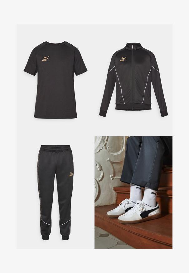 Blazer desportivo preto com detalhes em piping branco. Tem fecho éclair frontal, gola alta e texto do logótipo dourado no peito. O material é suave e elástico.; T-shirt preta de manga curta feita de tecido suave. Apresenta um logo dourado "KING" e um logo dourado da Puma na área do peito esquerdo.; Calças de sweat preto com cintura elástica, apresentando o texto dourado "KING", um logótipo PUMA, riscas laterais e pormenores brancos nos punhos.; Ténis Puma em camurça branca e preta, com uma sola de borracha castanha. Combinados com meias brancas exibindo um logótipo preto, usados com calças escuras.