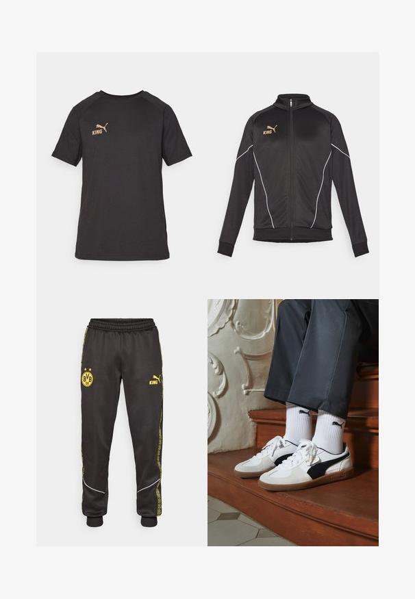 Sort sportsjakke med hvide piping-detaljer. Har lynlås foran, høj krave og guld-logo tekst på brystet. Materialet er glat og strækbart.; Sort t-shirt med korte ærmer lavet af blødt stof. Har et guld "KING" logo og et guld Puma logo på venstre brystområde.; Sorte træningsbukser med gule Borussia Dortmund BVB 09 og Puma King logoer, elastisk talje, og mønstrede gule side-striber.; Puma sneakers i hvid og sort ruskind med en brun gummisål. Bæres med hvide sokker med et sort logo og mørke bukser.