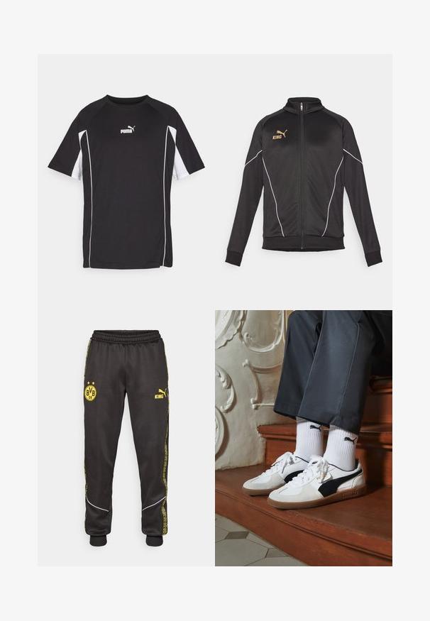 Zwarte sportsjack met witte piping accenten. Voorzien van een ritssluiting aan de voorkant, hoge kraag en gouden logo-tekst op de borst. Het materiaal is soepel en rekbaar.; Zwart sport t-shirt met korte mouwen, voorzien van witte accenten en een logo. Gemaakt van lichtgewicht, ademend materiaal.; Zwarte sportbroeken met gele logos van Borussia Dortmund BVB 09 en Puma King, een elastische tailleband en gestreepte gele zijpanelen.; Puma sneakers in wit en zwart suède, met een bruine rubberen zool. Gecombineerd met witte sokken met een zwart logo, gedragen met donkere broek.