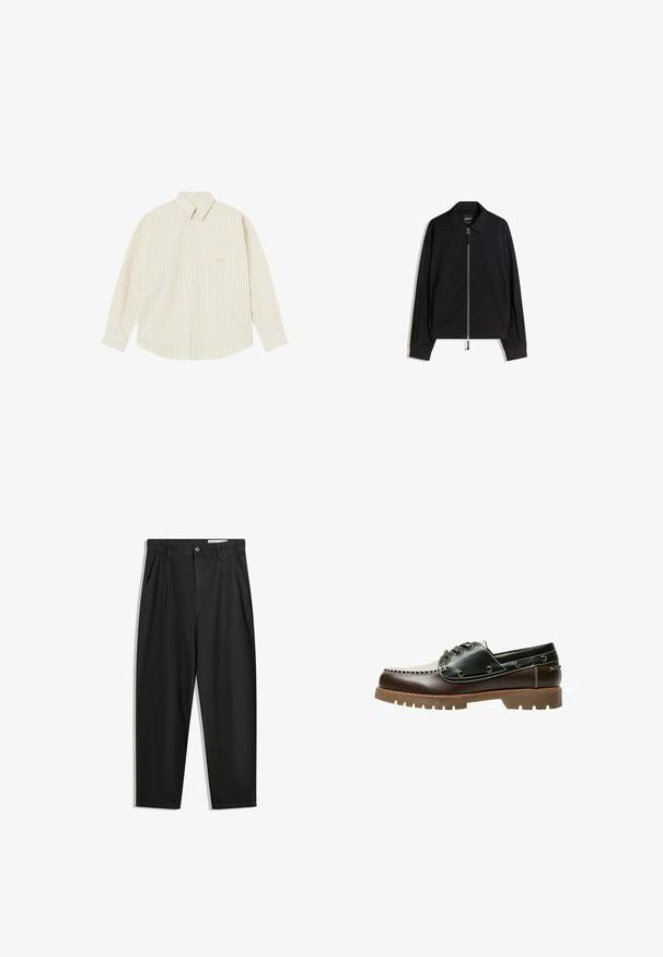 Black zip-up jacket with a flat collar, long sleeves, and a slim fit. Features a metallic zipper and subtle texture.; Light cream button-up shirt with thin vertical stripes. Features a pointed collar, long sleeves, and a small embroidered logo on the chest pocket.; Black cotton trousers with a relaxed fit, featuring a classic waistband, front pleats, and side pockets. Smooth texture without patterns.; Brown and black leather boat shoe with lacing, contrast stitching, and a textured rubber sole. Features metal eyelets and rounded toe.