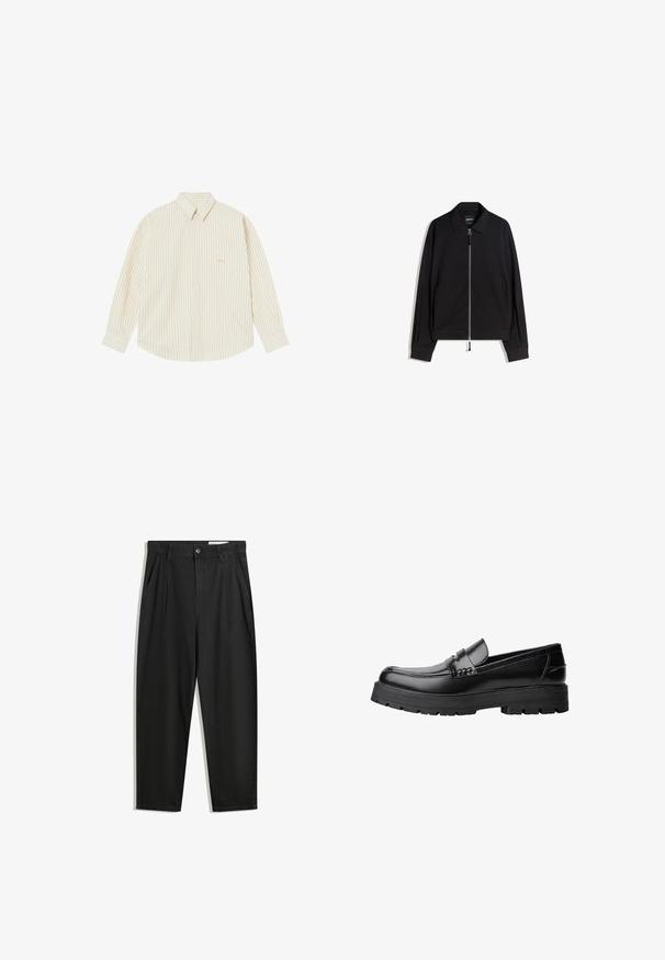 Giacca nera con zip, colletto piatto, maniche lunghe e vestibilità slim. Presenta una zip metallica e una texture sottile.; Camicia button-up di colore crema chiaro con sottili righe verticali. Presenta un colletto a punta, maniche lunghe e un piccolo logo ricamato sulla tasca del petto.; Pantaloni in cotone neri con una vestibilità rilassata, dotati di una vita classica, pieghe frontali e tasche laterali. Tessuto liscio senza fantasie.; Mocassino in pelle nera con suola spessa e tassellata e fascia decorativa sulla parte superiore, mostrato in profilo sinistro su sfondo bianco.