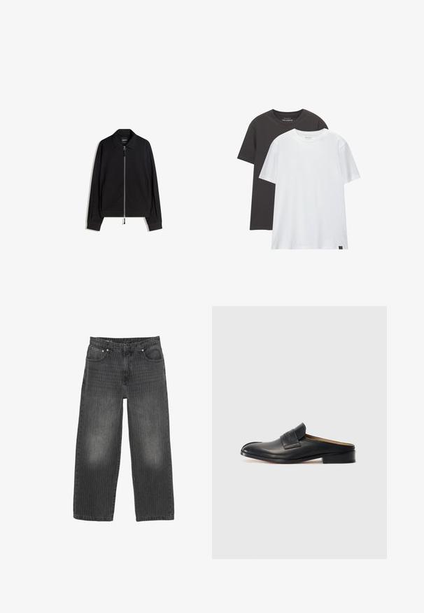 Černá zipová bunda s plochým límcem, dlouhými rukávy a úzkým střihem. Obsahuje kovový zip a jemnou texturu.; Dvě trička s regular fit: jedno černé a jedno bílé, vyrobená z měkké bavlny. Každé má kulatý výstřih a krátké rukávy, bez vzorů.; Černé široké džíny z denimu s jemnými vertikálními pruhy, designem s pěti kapsami a zapínáním na knoflíky vpředu. Opotřebovaný vzhled v blízkosti kapes.; Černá kožená slip-on obuv s kulatou špičkou, nízkým blokovým podpatkem a předním páskem. Hladký povrch s jemným logem na pásku.
