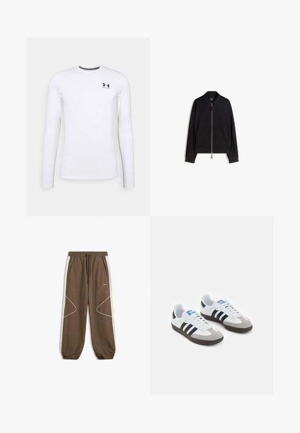Crna zip jakna s ravnim ovratnikom, dugim rukavima i uskim krojem. Ima metalni zatvarač i suptilan teksturirani uzorak.; Bijela majica dugih rukava za sport, napravljena od glatkog materijala, s okruglim izrezom i malim crnim logotipom na gornjem lijevom dijelu.; Smeđe trenirke s pojasom na vezanje, bočnim džepovima i kontrastnim kremastim bočnim panelima koji imaju bijelo šivanje i zakrivljene uzorke.; Sportske cipele s gornjištem od bijele kože, sivi suedinasti nos i tri crne pruge. Imaju plavi logo na jeziku i teksturiranu gumenu podlogu.