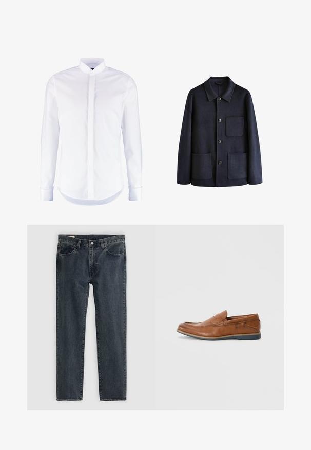 Navyblauwe wollen jas met een kraag, vooraan knoopsluitingen en twee opgestikte zakken voor extra functionaliteit.; Witte longsleeve met knoopsluiting, gladde stof, rechte snit en zonder zichtbare patronen of versieringen.; Donkerblauwe denim jeans met een recht model, vijf zakken en een knoopsluiting. De stof toont een subtiele vervaging en textuur.; Bruine leren instappers met een ronde neus, gestikte details en een lage rubberen zool. Het ontwerp heeft een band over de bovenkant.