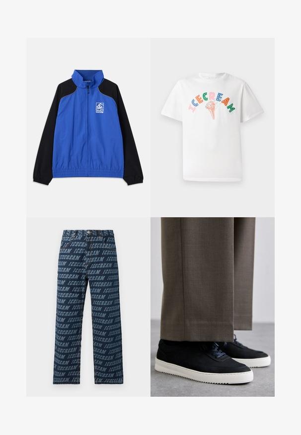 Blå og svart vindjakke med høy krage, elastiske mansjetter, front glidelås, sidelommer og logo på brystet. Glatt stofftekstur.; Icecream CONE - T-shirts med print - white; Dongeribukser i mørkeblå med et all-over gentaget "ICECREAM" tekstmønster i en lysere nuance. Lige benudskæring med standard livvidde.; Svarte suedeglans sneakers med hvite gummisåler, med rund tå og lisser, iført grå skreddersydde bukser.