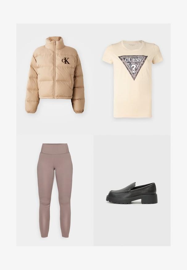 Casaco puffer cropped em bege, com gola alta, fecho com zip e logótipo "ck" bordado em castanho no peito. Feito de material suave e acolchoado.; T-shirt de cor creme com um logótipo triangular preto e prateado impresso ao centro, com um detalhe de ponto de interrogação. Material de algodão suave.; Leggings de alta cintura, ajustados ao corpo, em tom taupe sólido, com tecido suave e elástico e um design limpo e sem emendas.; Mocassins de couro preto com bico arredondado, sola espessa e texturizada, e detalhes de costura minimalistas. Design elegante sem atacadores ou ferragens visíveis.