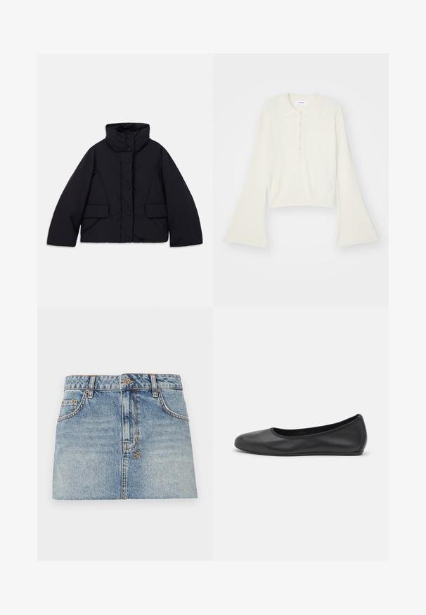 Supjaustyta juoda pūkinė striukė su aukštu apykakle, turinti priekinį mygtukų užsegimą ir dvi šonines kišenes, pagaminta iš lygaus, šiltinamo audinio.; Ribotas, kreminės spalvos polo marškinėliai su ilgomis, platėjančiomis rankovėmis ir penkiais sagų užsegimais. Apykaklė turi švelnų tekstūrą.; Šviesiai mėlynos džinsinės mini sijonas su prigludusia juosmena, priekyje užsegamas mygtuku ir dviem šoninėmis kišenėmis. Yra žaliuojantys kraštai ir kontrastingi siuvimo detalės.; Juodai odiniai baletai su apvaliu pirštu, lygi texture, minimalus siuvimo detales ir lanksčiu padų dizainu.