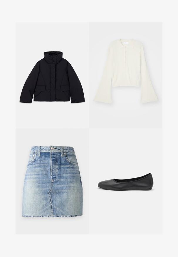 Cropped black puffer jacket with high collar, featuring a front button closure and two side pockets, made from smooth, insulated fabric.; Ribbed, cream-colored polo shirt with long, flare sleeves and five button placket. Features a collar with a soft texture.; Denim skirt in light blue wash, high-waisted with a fitted design, frayed hem, and classic five-pocket style. Silver hardware accents.; Black leather ballet flat with a rounded toe, smooth texture, minimal stitching detail, and a flexible sole design.