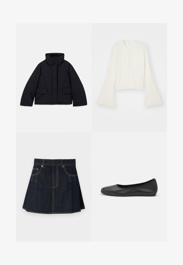 Lühi must puffer-jakk kõrge kaelusega, millel on esiküljel nööbid ja kaks küljetaskut, valmistatud siledast isoleerivast kangast.; Kortsirkli, kreemivärvi polosärk, millel on pikad, laiendatud varrukad ja viis nööpi. Omab pehme tekstuuriga kraed.; Tumedast sinisest teksasegist seelik, millel on laienev disain, vöökohad, ees olevad taskud ja kontrastne õmblus õmbluste ääres.; Musthave mustika tantsutossud mustast nahast, ümmarguse varbaga, siledast tekstuurist, minimaalse õmblusdetailiga ja paindliku tallakujundusega.