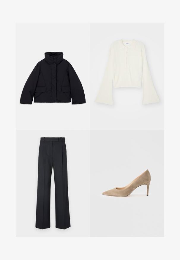 Lyhyt musta untuvapuku korkean kauluksen kanssa, jossa on etupainikkeet ja kaksi sivutaskua, valmistettu sileästä, eristetyistä kankaista.; Raitaleva, kerma värinen polo-paita pitkillä, levenevillä hihoilla ja viiden napin listalla. Varustettu pehmeätekstuurisella kauluksella.; Tummansiniset raidalliset housut, joissa on korkea vyötärö, leveät lahkeet ja ei näkyviä metalliosia tai koristeita. Sileä pinta ja räätälöity istuvuus.; Beige mokkanahkasaappaat korkealla korolla ja terävässä kärjessä, jossa on hienovarainen leikattu muotoilu, hoikka korko ja sileä pinta. Minimalistinen tyyli.