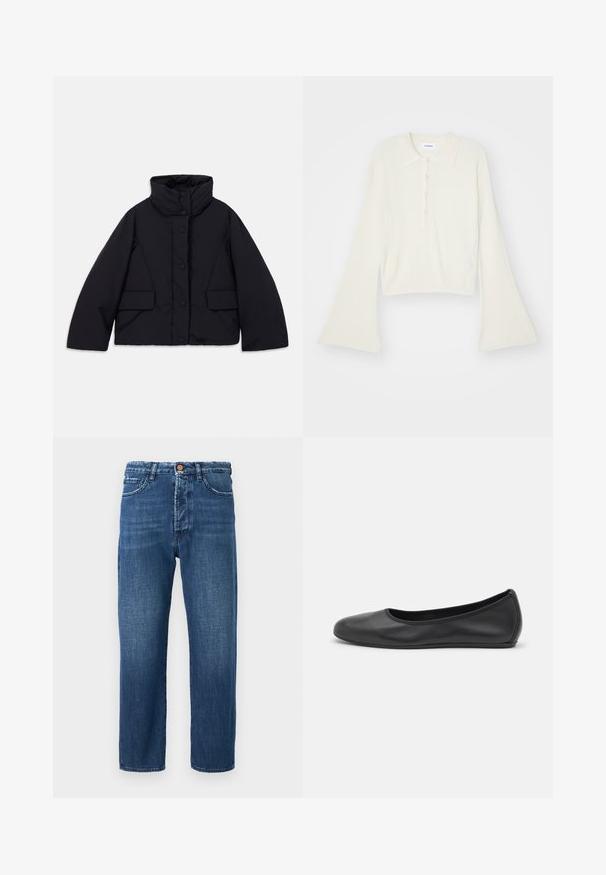 Krótkia czarna kurtka puchowa z wysokim kołnierzem, z przodem zapinanym na guziki i dwiema bocznymi kieszeniami, wykonana z gładkiego, izolowanego materiału.; Prążkowana, kremowa koszulka polo z długimi, rozszerzającymi się rękawami i zapięciem na pięć guzików. Posiada kołnierz o miękkiej fakturze.; Granatowe jeansy z prostymi nogawkami, z zamkiem błyskawicznym, pięcioma kieszeniami i kontrastowymi przeszyciami.; Czarne skórzane baletki z zaokrąglonym noskiem, gładką fakturą, minimalnymi przeszyciami i elastycznym designem podeszwy.