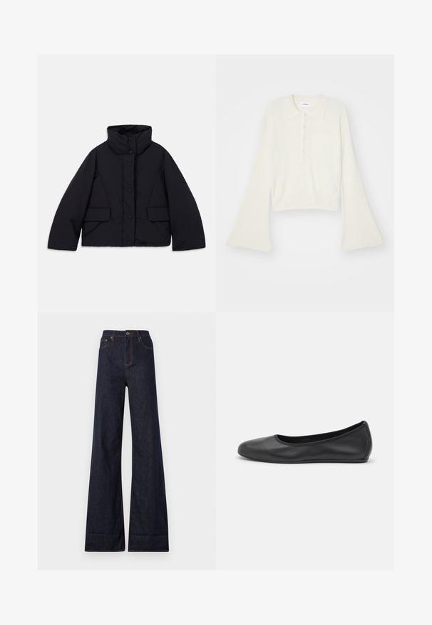 Cropped black puffer jacket with high collar, featuring a front button closure and two side pockets, made from smooth, insulated fabric.; Ribbed, cream-colored polo shirt with long, flare sleeves and five button placket. Features a collar with a soft texture.; Ksubi STRIDER CUFF ORIGINAL - Wide Leg - blue denim; Black leather ballet flat with a rounded toe, smooth texture, minimal stitching detail, and a flexible sole design.
