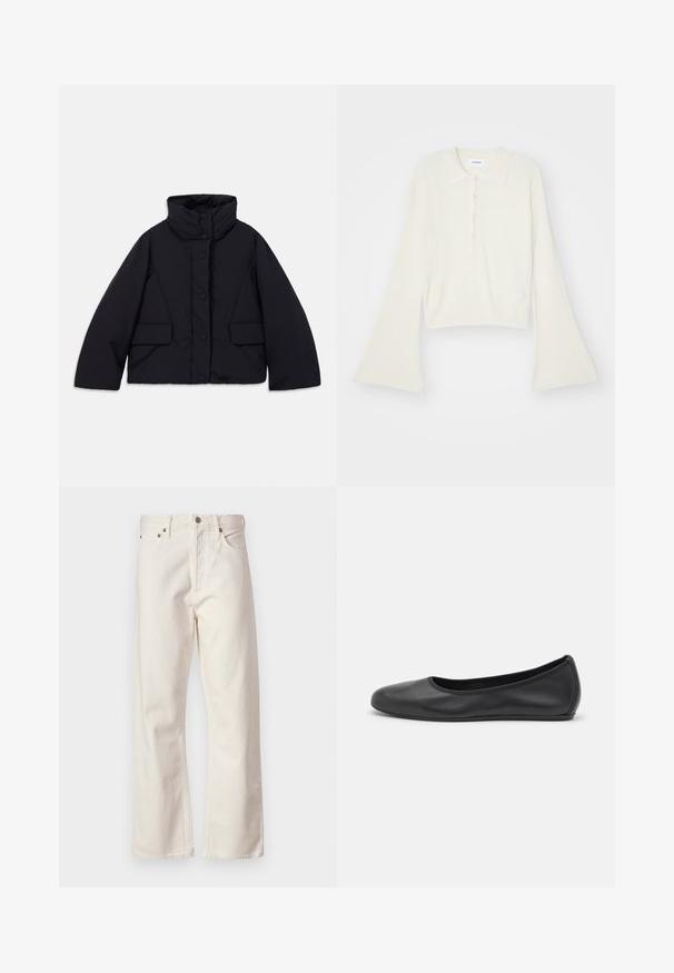 Rövid fekete puffernadrág, magas nyakkal, elülső gombzárral és két oldalsó zsebbel, sima, szigetelt anyagból készült.; Csíkozott, krém színű pólóing hosszú, bővülő ujjakkal és öt gombos nyakkivágással. Puha tapintású gallérral rendelkezik.; Fehér farmernadrág egyenes szabással, klasszikus ötpocket dizájnnal, fémből készült gombos záródással és enyhe textúrával.; Fekete bőr balettcipő lekerekített orral, sima tekstúrával, minimális varrással és rugalmas talp kialakítással.