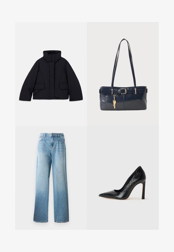 Zkrácená černá péřová bunda s vysokým límcem, která má přední zapínání na knoflíky a dvě postranní kapsy, vyrobená z hladkého, izolačního materiálu.; Hladký krémový polo tričko s dlouhými rozevlátými rukávy a páskou s pěti knoflíky. Obsahuje límeček s jemnou texturou.; Světle modré džínové kalhoty s volným střihem, rovnými nohavicemi a jemnými ozdobami. Obsahují tradiční pětistranný design a poutka na pásek.; Černý lodičkový bot s špičatou špičkou, pokrytý texturou krokodýlí kůže, s elegantním designem, vysokým stiletto podpatkem a hladkým černým interiérem.; Námořnická kožená kabelka s dvěma dlouhými uchy, detaily s přezkou a připevněným klíčenkou. Vyznačuje se hladkým povrchem a obdélníkovým tvarem.