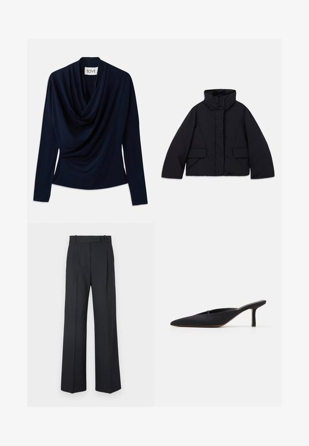 Cropped black puffer jacket with high collar, featuring a front button closure and two side pockets, made from smooth, insulated fabric.; Navy blue long-sleeve top with draped neckline, made of soft fabric. Features a fitted silhouette and minimal design. Brand label visible.; Dark blue pinstriped trousers with a high waist, wide leg design, and no visible hardware or embellishments. Smooth texture and tailored fit.; Black pointed-toe mule with a sleek design, made of smooth fabric, featuring a slender heel and open back for easy wear.