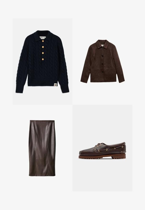Braune Wildlederjacke mit vier schwarzen Knöpfen, langen Ärmeln und zwei vorderen Paspeltaschen, ausgestattet mit einem klassischen Kragen.; Marineblauer, gestrickter Pullover mit einem Zopfmuster, geripptem Kragen und Bündchen, fünf goldenen Knöpfen und einem Logo-Patch am unteren Saum.; Brauner Leder-Bleistiftrock mit glatter Textur, knielang, mit vertikalen Nähten zur Gestaltung. Keine zusätzlichen Beschläge oder Akzente.; Braune Lederbootsschuhe mit goldenen Ösen, runden Schnürsenkeln und einer strukturierten braunen Gummisohle. Verfügt über genähte Details und ein erhabenes Logo.