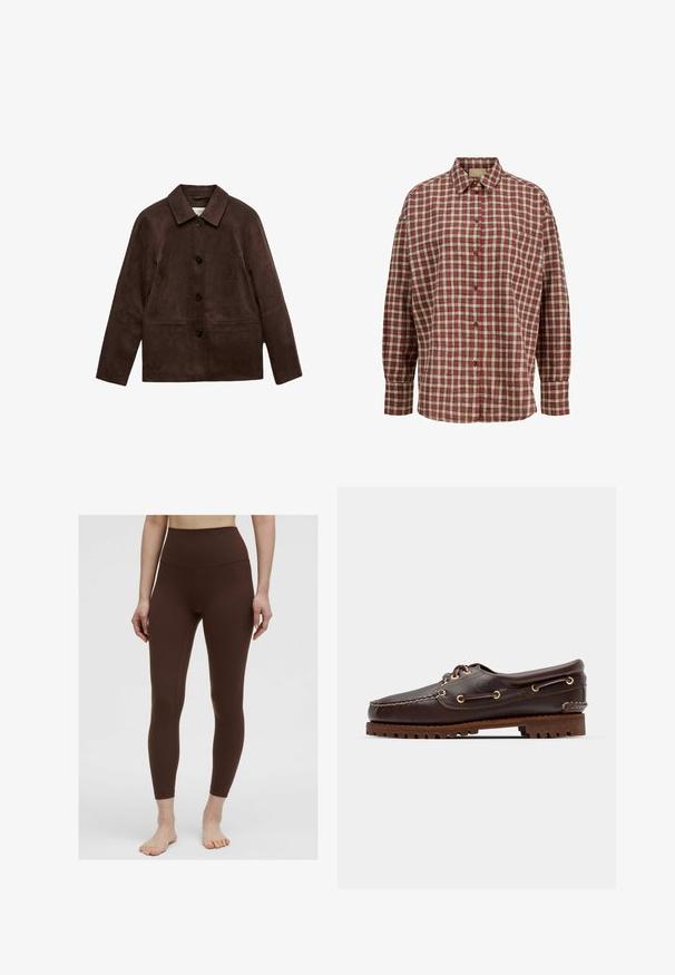 Giacca in suede marrone con quattro bottoni neri, maniche lunghe e due tasche a filetto frontali, con colletto classico.; Camicia a quadri rossi e beige con colletto abbottonato, maniche lunghe, tasca frontale e vestibilità comoda. Tessuto dalla texture morbida.; Leggings marroni a vita alta con una texture liscia, design aderente e senza motivi visibili. Cuciture lungo i lati.; Scarpa da barca in pelle marrone con occhielli dorati, lacci tondi e una suola in gomma marrone texturizzata. Presenta dettagli cuciti e un logo in rilievo.