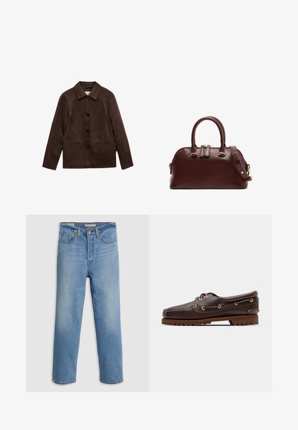Brun ruskindsjakke med fire sorte knapper, lange ærmer og to forreste paspolerede lommer, med en klassisk krave.; Rosa ribbet sweater med lange ærmer og kravehals, der har tre knapper ved kraven og en kortet hem.; Lysblå lige ben denimbukser med forlommer, bæltestropper og en knaplukning på en ensfarvet baggrund.; Brune læder bådsko med gyldne øjer, runde snørebånd og en struktureret brun gummisål. Har quiltede detaljer og et forhøjet logo.; Bordeaux læder håndtaske med to top håndtag, aftagelig skulderrem, guld hardware detaljer og en afrundet form. Lynlås lukning.